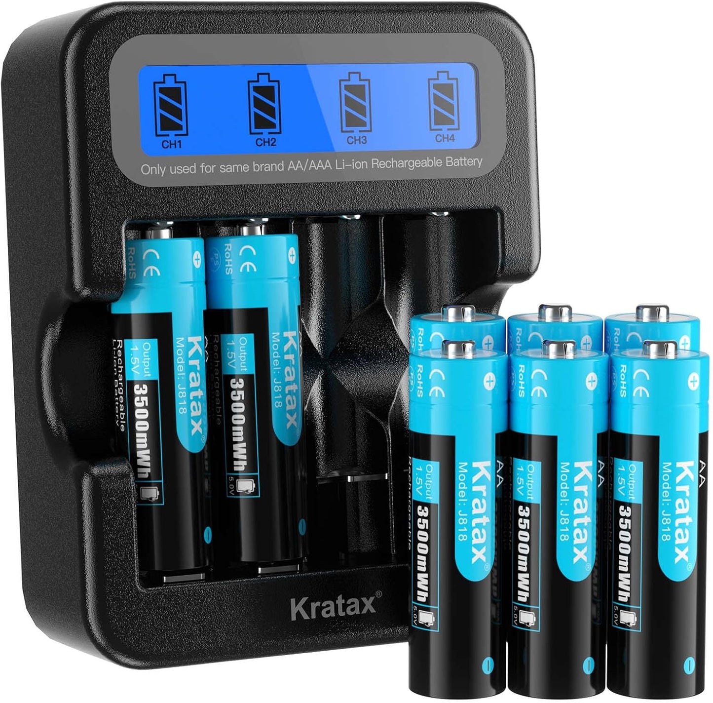 Kratax 8 Pack 3500mWh 1.5v 2.5h 1600 Rechargeable AA Lithium Batteries, high Capacity Double A li-ion Battery