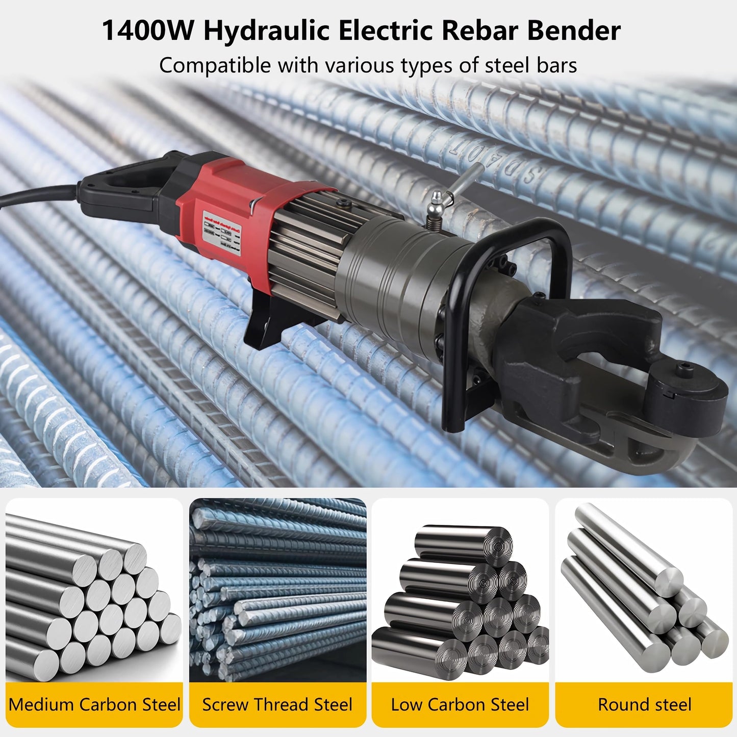 GERMCENS Electric Rebar Bender 1400W Hydraulic Rebar Bending Machine #14-22 mm Rebar to 90° within 2.5-3.5s,Enabling easy bending of rebar steel bar,Comes with a storage box
