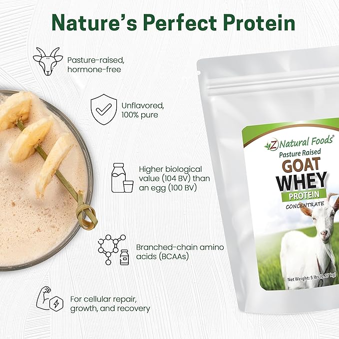 Z Natural Foods Goat Whey Protein Powder Concentrate - Undenatured, Unflavored, Pasture Raised Whey - Clean Goat Protein Powder with Vital Proteins for Weight Management, Immune Support, Fitness, 5 lb