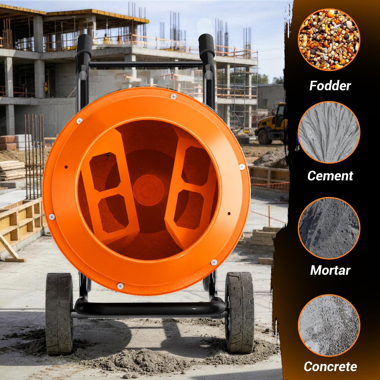 SILVEL 5.3 Cu.Ft. Cart-Mounted Concrete Mixer with Stand– 750W 1HP Electric Cement Mixer, Heavy Duty Mixing Machine for Mortar, Stucco & Grout, Orange