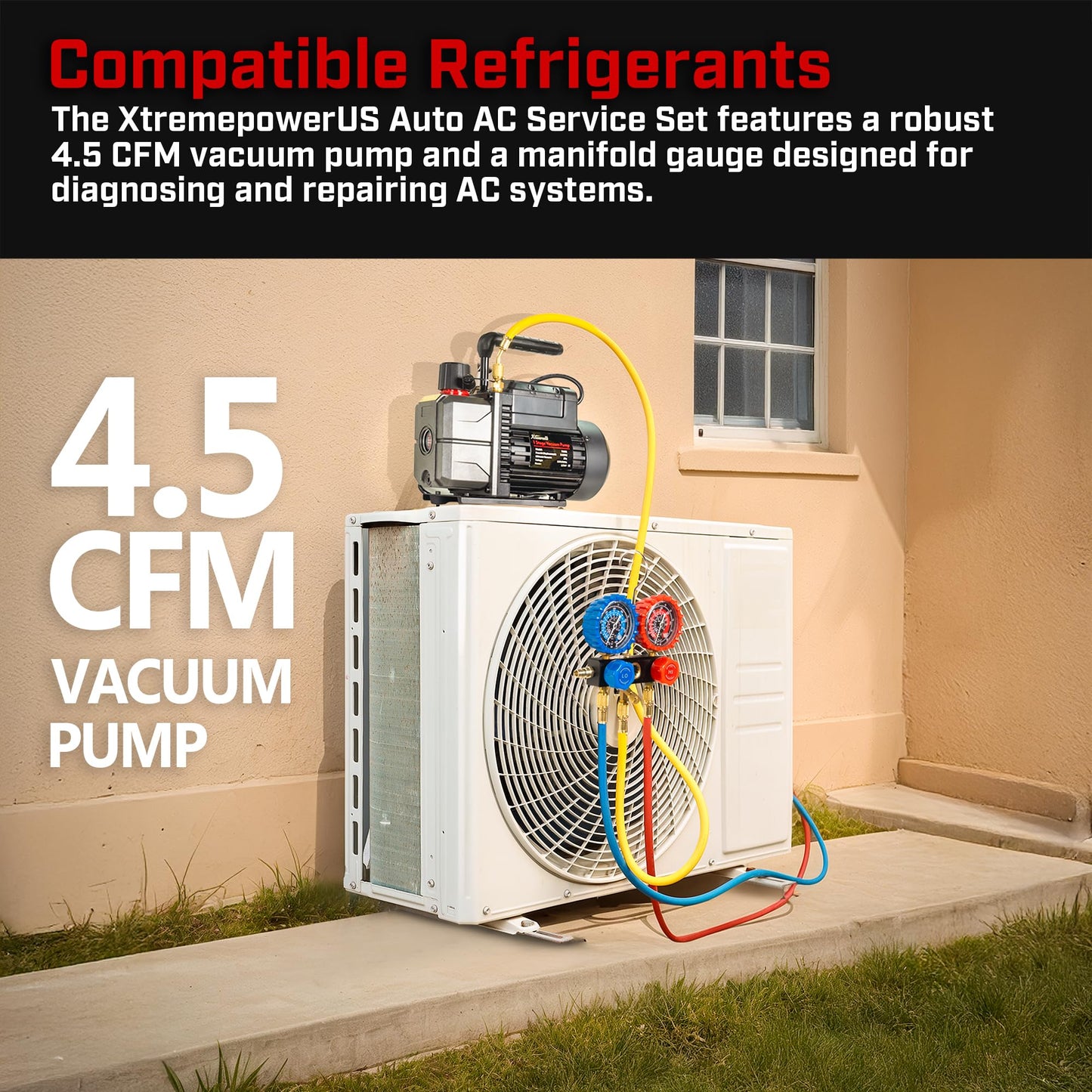 XtremepowerUS 4.5 CFM AC Vacuum Pump & 1/3HP Manifold Gauge Set HVAC Systems Commercial Use Refrigerant Service Kit with Hoses & Can Taps R134, R22, R410a Gauge