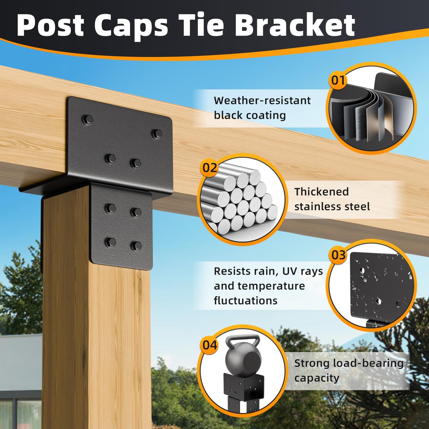 Wuno Shop 2 Pack 4x4(Actual 3.5"x3.5") Post Caps Tie Bracket, Stainless Steel Post to Beam Connectors for Wood, Heavy Duty Post Anchor Connector for Pergolas, Gazebos, Decks Porches-Black