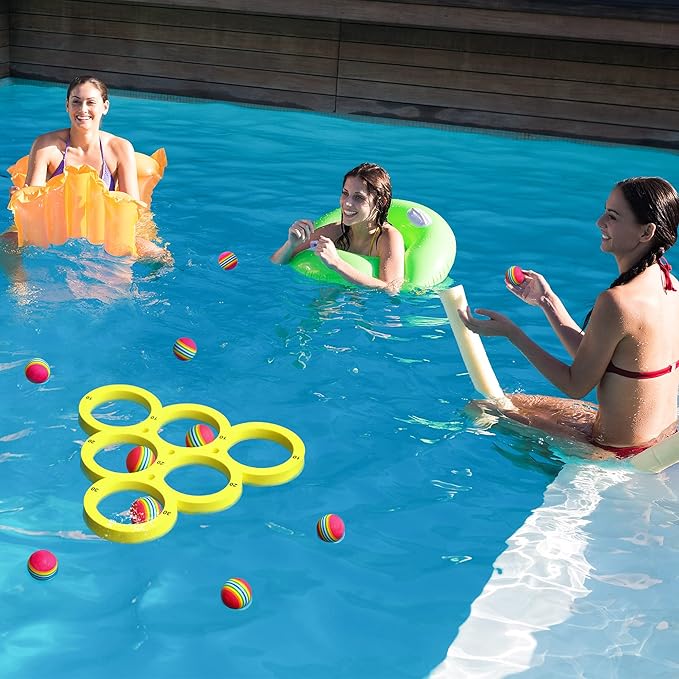 Hiboom Pool Game with Score, Combo Foam Pool Floats with 10 Colorful Tossing Balls, Toss Game Swimming Party Toys Accessories for Family Par, Dive Rings(Triangle,Yellow)