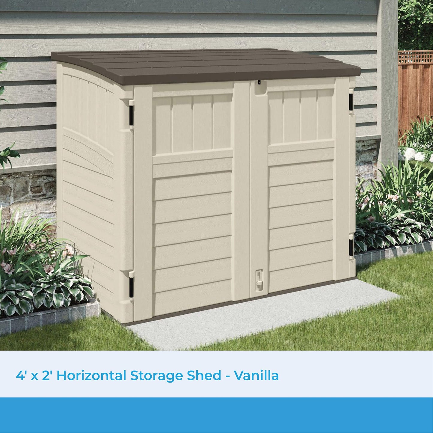 Suncast 34 Cu Ft Horizontal Resin Storage Shed - Outdoor Storage Shed with Floor Included, Lockable, Weatherproof, Fits Small to Medium Trash Cans, Generators, & Garden Tools, Vanilla Stoney
