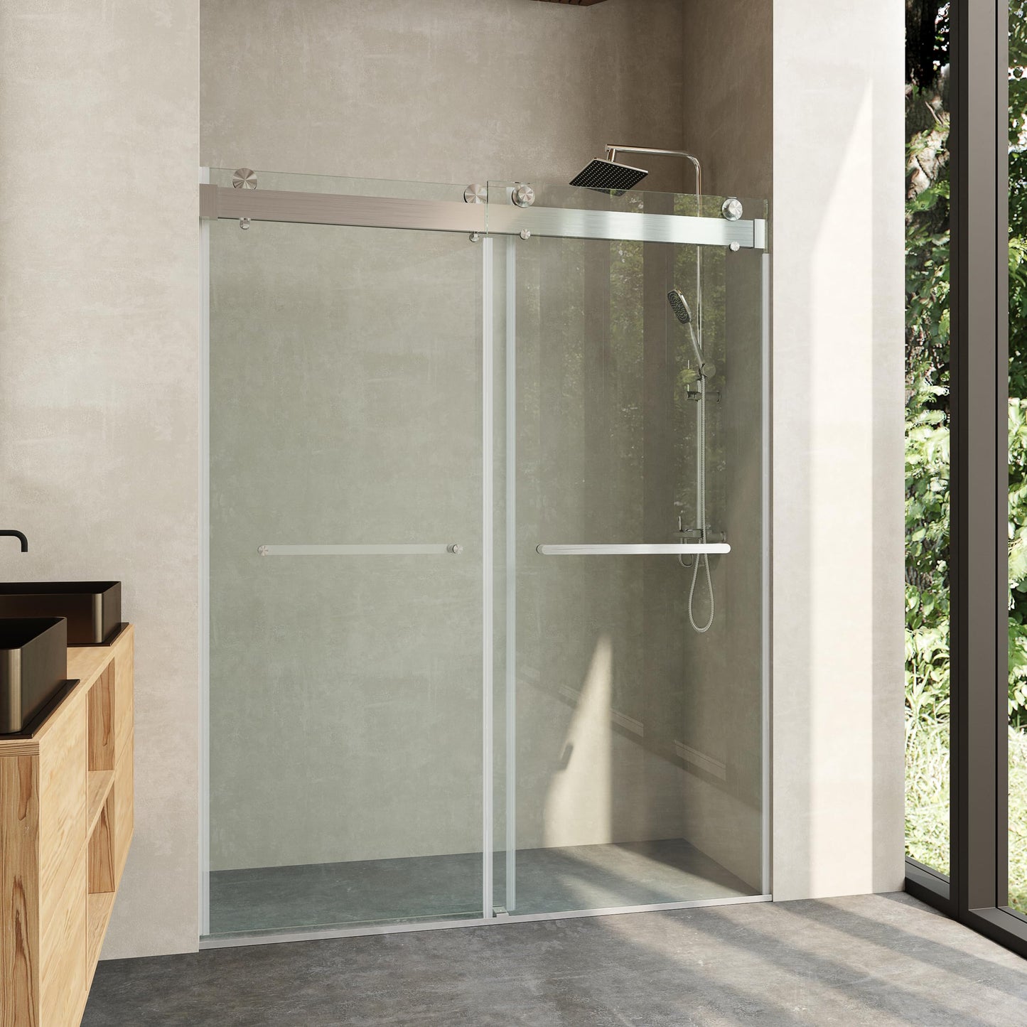 CRISSENSSI Frameless Soft Close Shower Door, 56"-60 "W, 76 "H, 3/8" (10mm) Clear Tempered Glass, Double Sliding Doors, Brushed Nickel Finish.