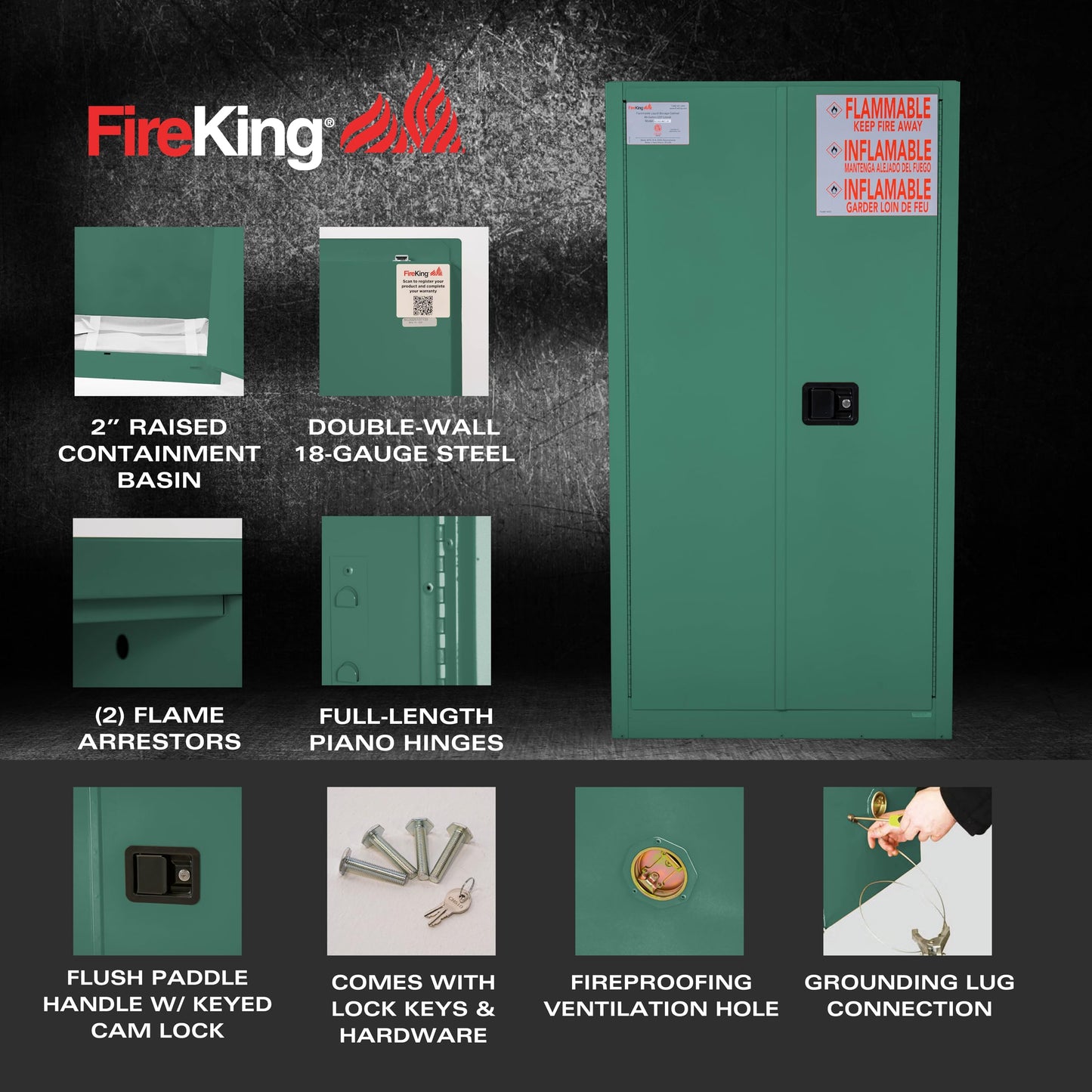 FireKing Green Flammable Safety Cabinet, Pesticides Flammable Storage Cabinet, 60 Gallon Steel Safety Cabinets with Manual Door for Commercial, Industrial & Home Use, 34" x 34" x 65"