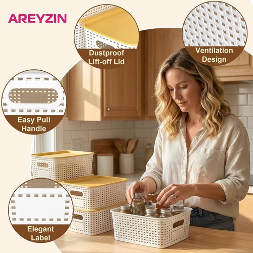 AREYZIN 6-Pack Plastic Storage Bins - Stackable Organizing Baskets with Lids | Small 10.2x7.2x4.1 Inch, White