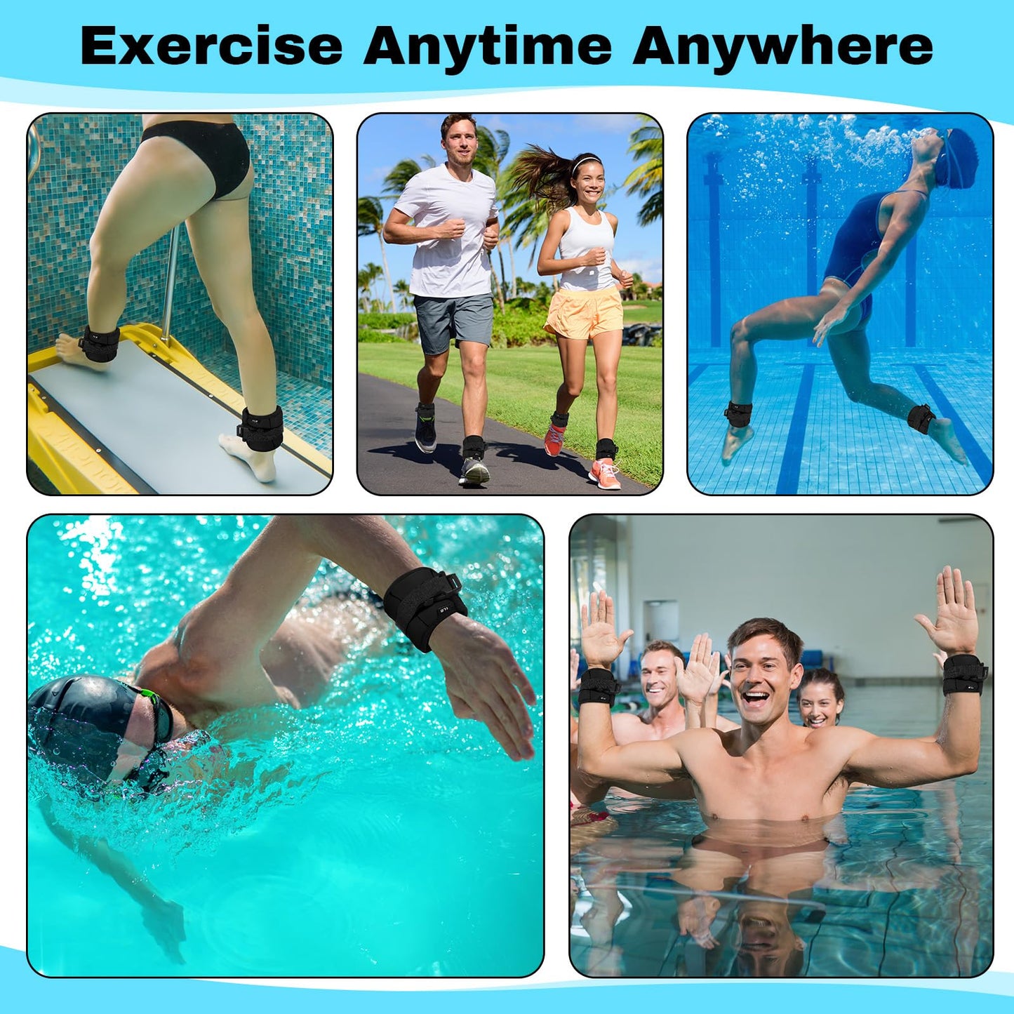 Hollowfly 2 Pairs Ankle Wrist Weights for Land or Aquatic Exercise Aqua Cuffs Aqua Aerobics Fitness Bands for Ankle and Wrist Adjustable Weights for Swimming Pool Workout Equipment(Black,1lb)