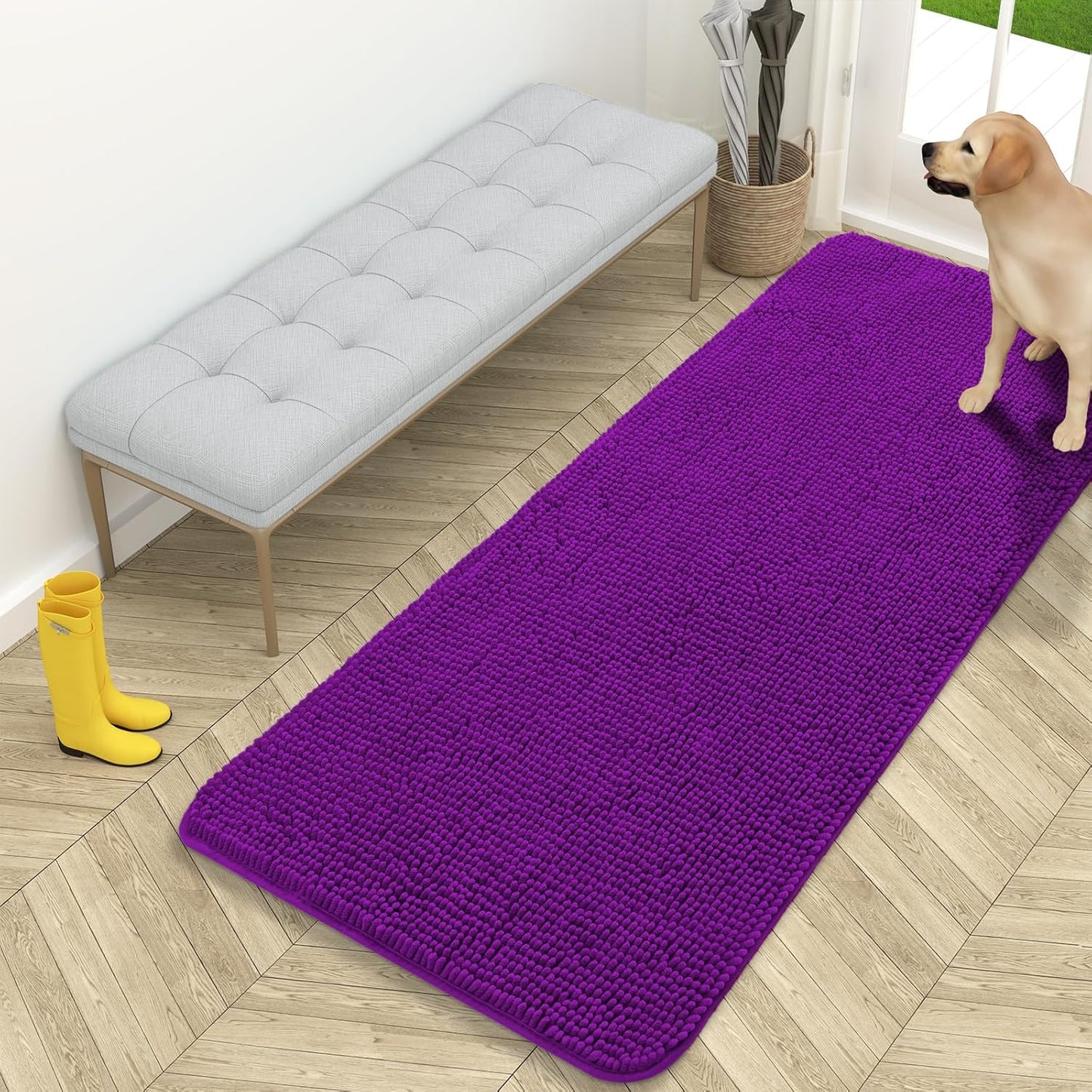 OLANLY Dog Door Mat - Absorbent Non-Slip Mud Mat for Indoor Use | 59x24 Inches, Quick Dry Chenille, Purple