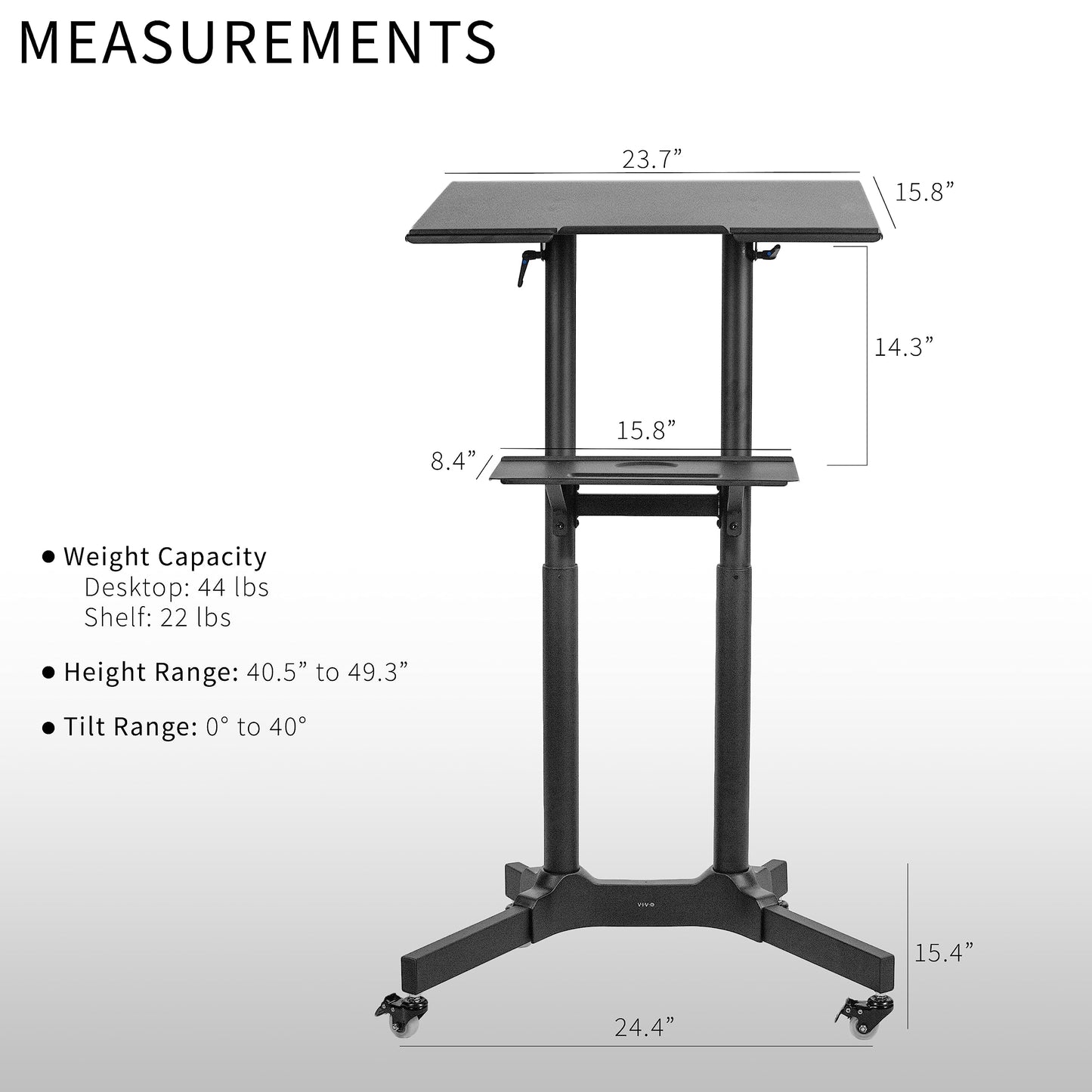 VIVO Mobile 24 x 16 inch Lectern Podium, Height Adjustable Steel Rolling Laptop Cart on Wheels, Black, CART-V03E