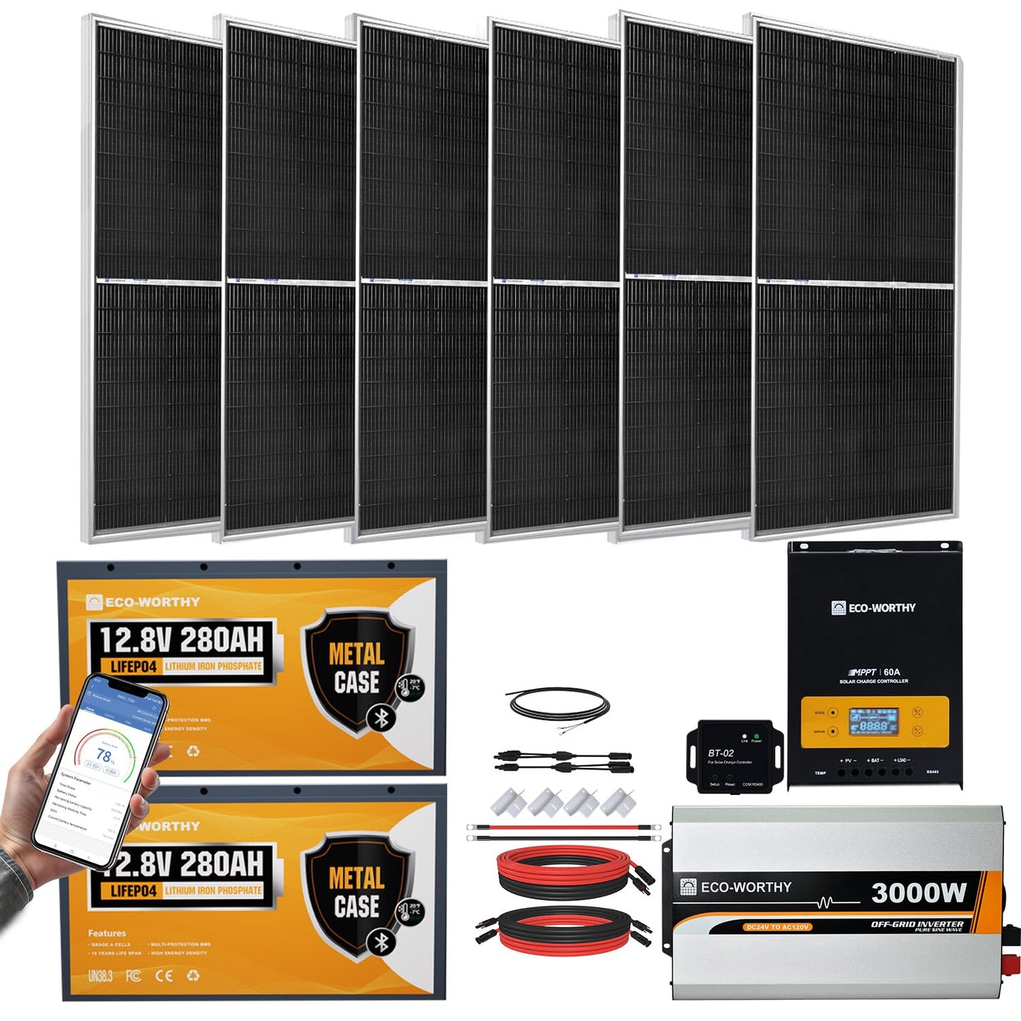 [Ultra] ECO-WORTHY 1200W 24V 5.52KWH Lithium Battery Solar System Off Grid:6pcs 195W Solar Panels+2Pcs 12.8V 280Ah Lithium Battery+60A MPPT Charge Controller+3000W Pure Sine Wave Inverter