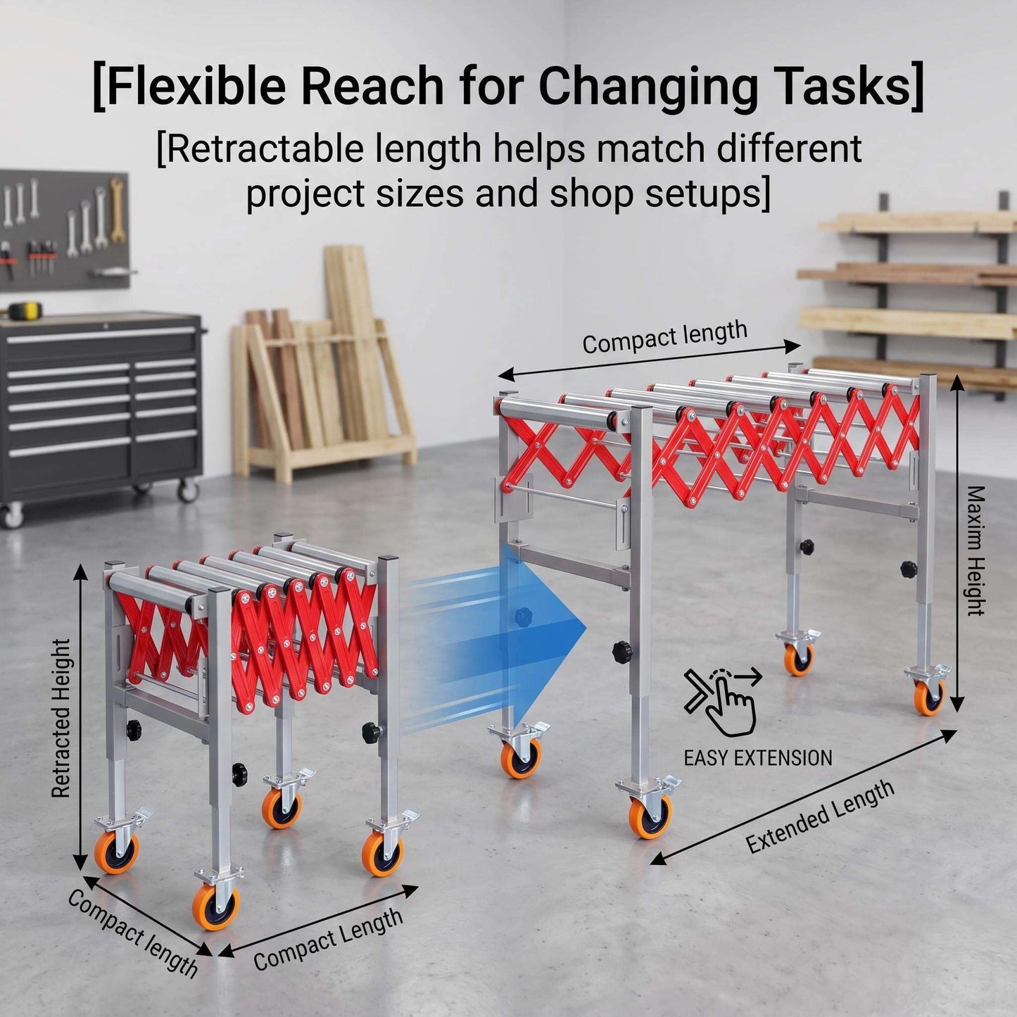 Expandable Roller Conveyor, Folding Transfer Stand with Casters, 27.5''-43'' Adjustable Height, 13.7''-47'' Extendable, 600 lbs Roller Conveyor for Warehouse Packing Roller Conveyor Applications