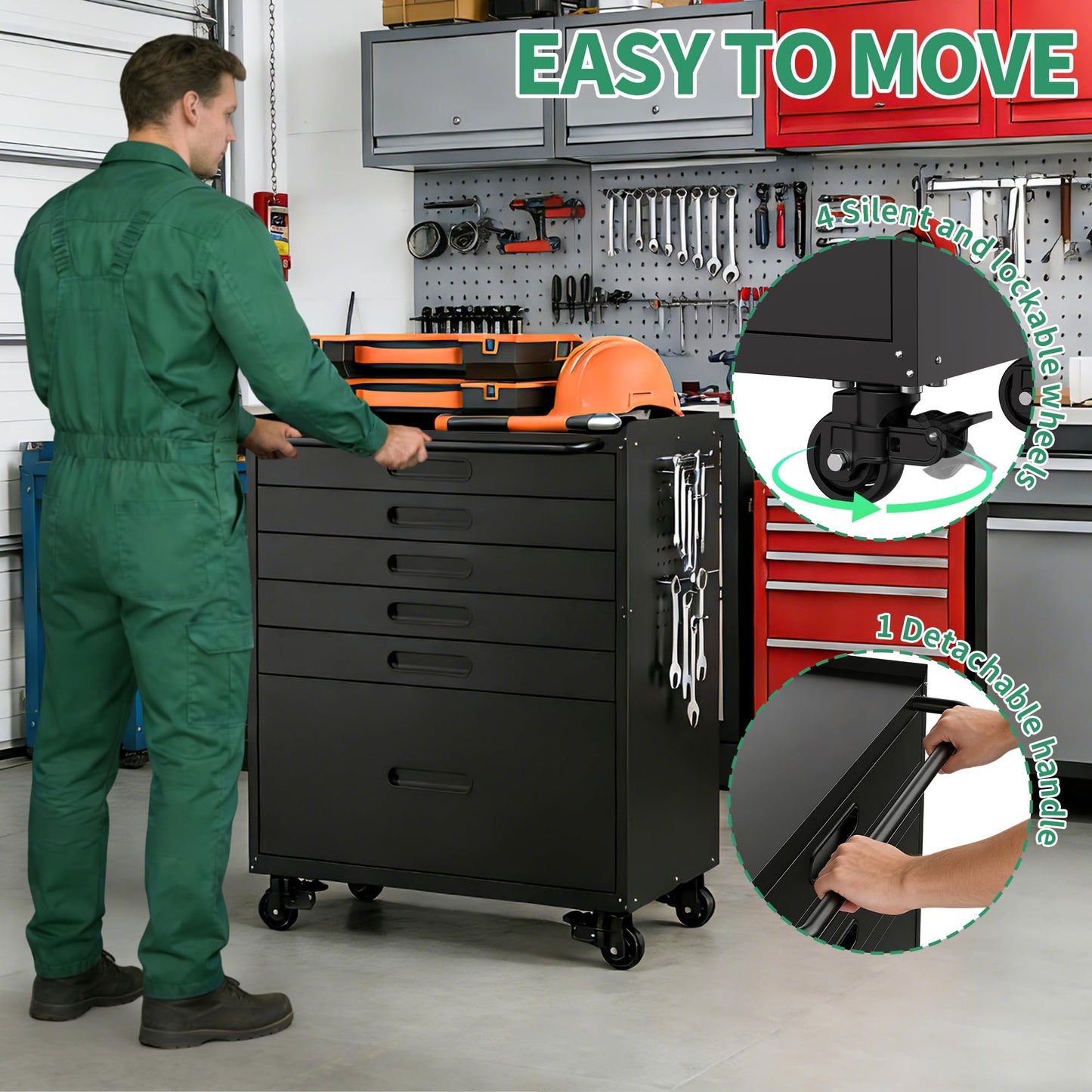 VIYET Garage Storage Cabinet,6 Drawer Metal Rolling Tool Cabinet with 2 Pegboard and 10 Hook,Heavy Duty Mechanics Tool Chest Storage for Workshop, Basement,Warehouse,Include Workbench Liner,Black