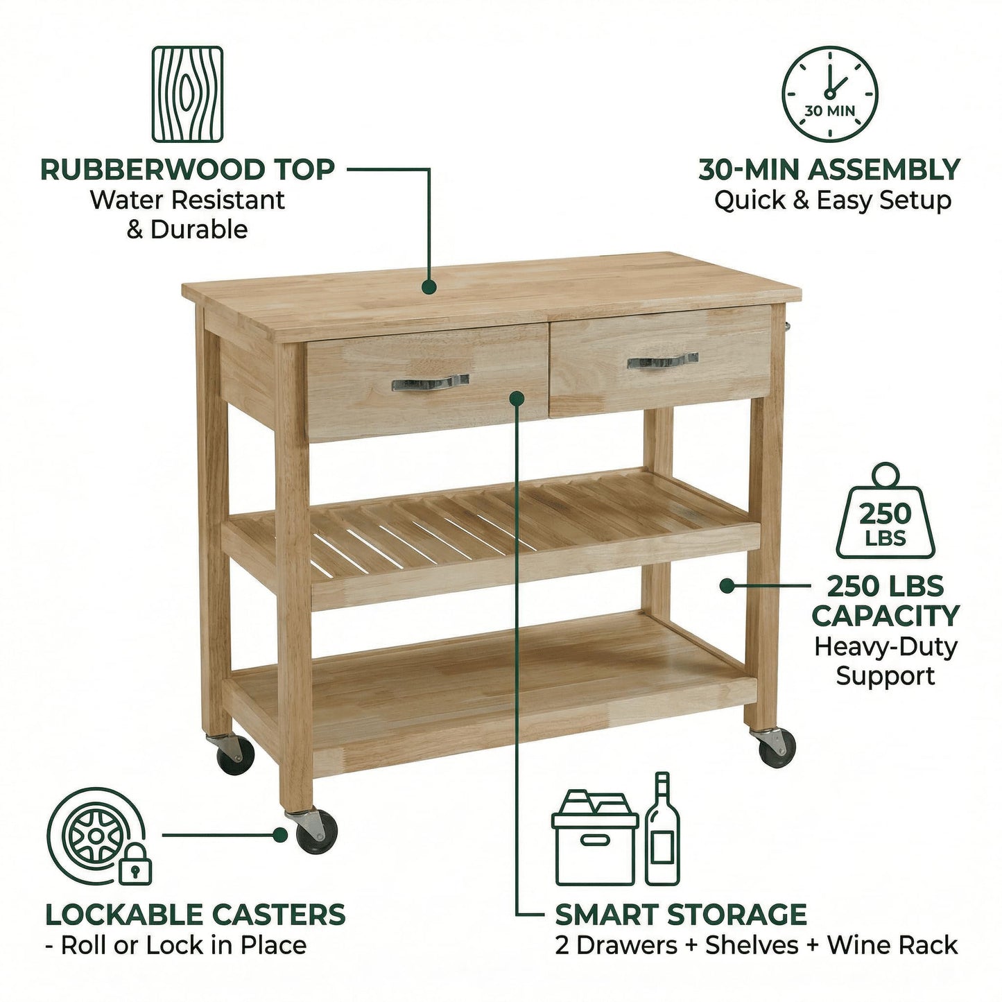 Casaphoria Amanda Collection Solid Wood Kitchen Island, 42" Butcher Block Cart with Rubberwood Top & Locable Wheels, Prep Table for Small Spaces (Natural)