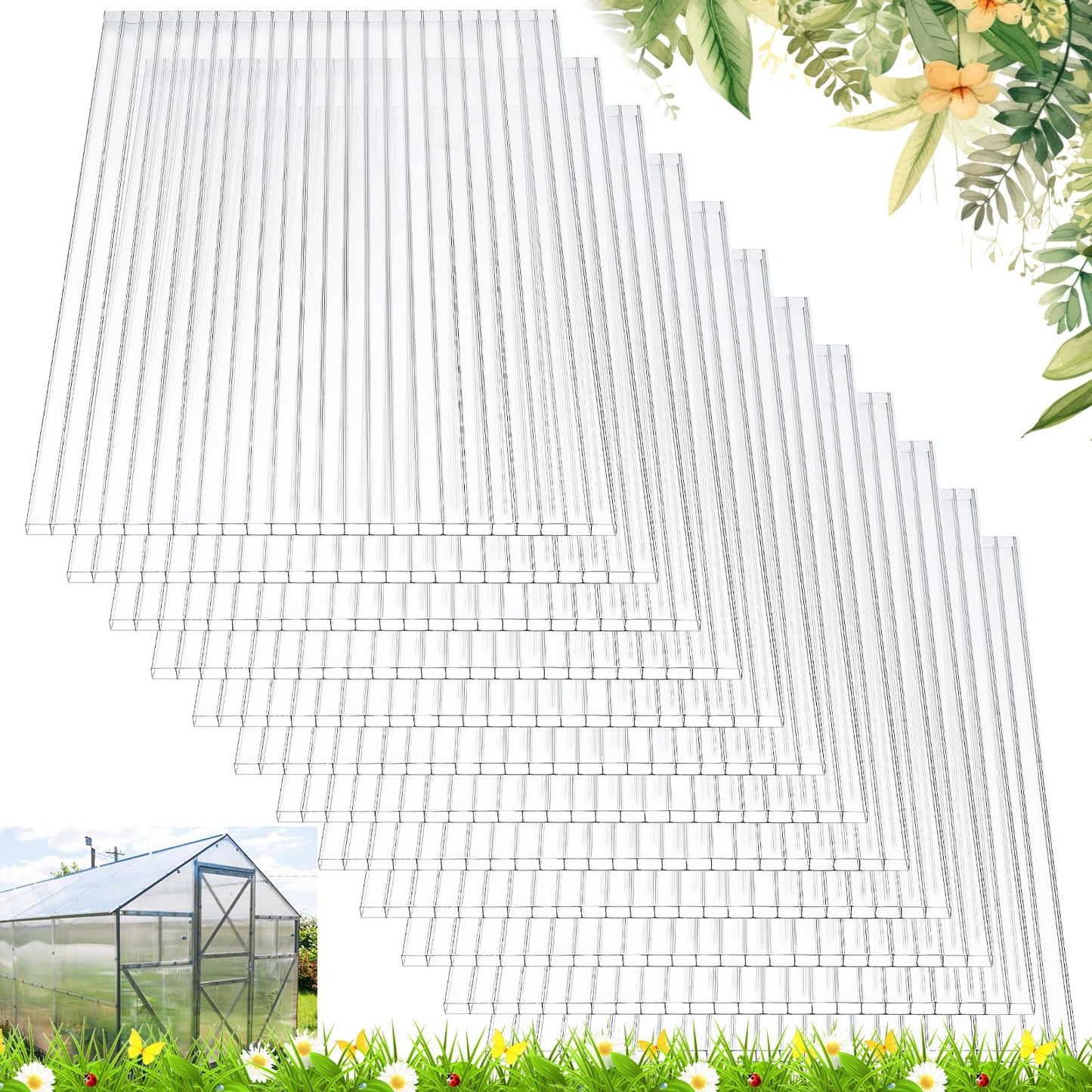 Tatuo 12 Pack 8' X 2' X 0.16'' Polycarbonate Greenhouse Panels Polycarbonate Sheets Twin-Wall Roof Panels Waterproof UV Protected Clear Corrugated Plastic Roofing for Greenhouse Replacement