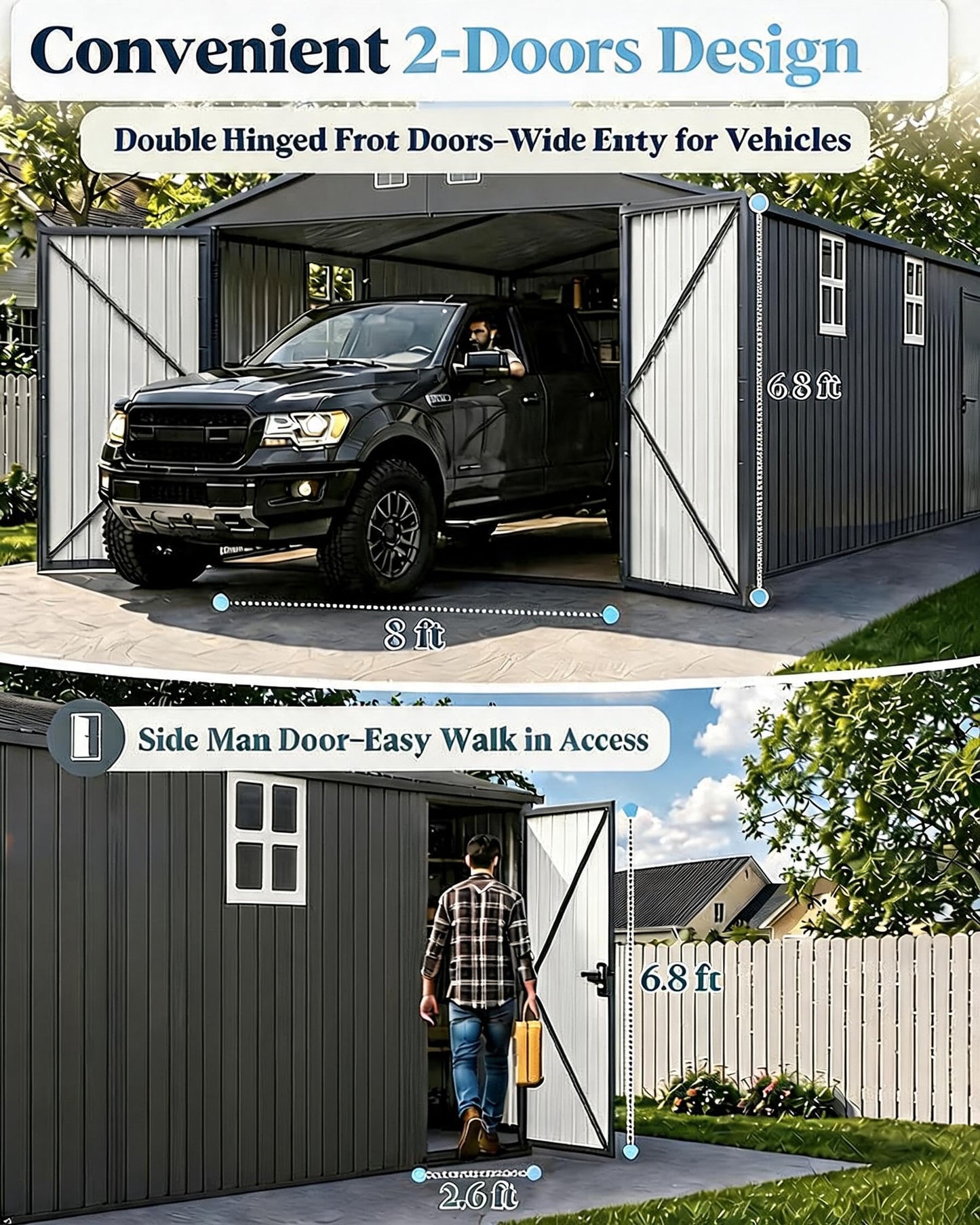 12x25 FT Metal Garage Shed, Outdoor Extra Large Storage Shed with Double Hinged Doors, 4 Windows, Heavy Duty Carport for Cars, Boats, Trucks and Equipment Storage, Gray