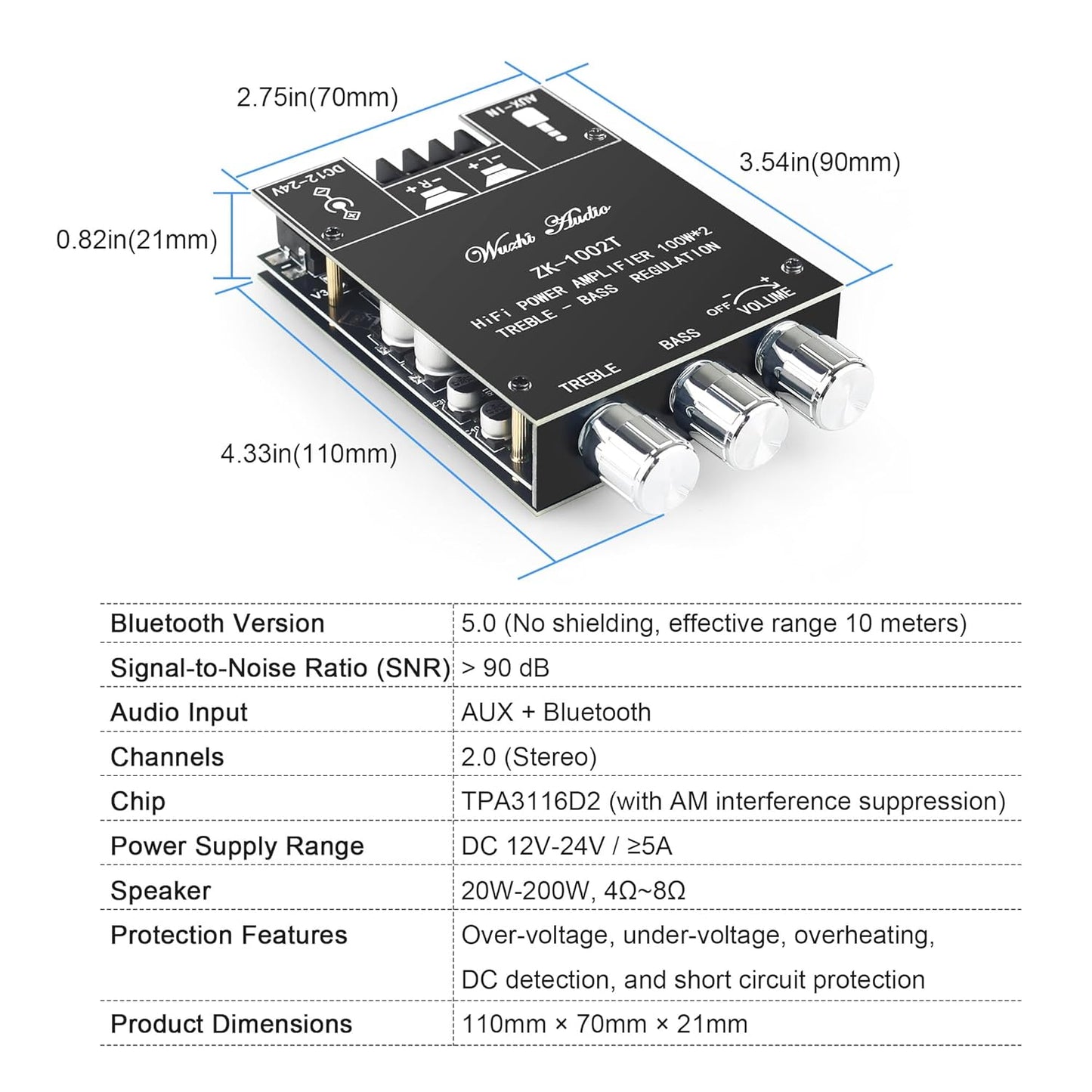 Wuzhi Audio ZK-1002T 100W+100W 12-24V (Black2 ZK-1002T) Bluetooth Amplifier Board Audio Amplifier Supports