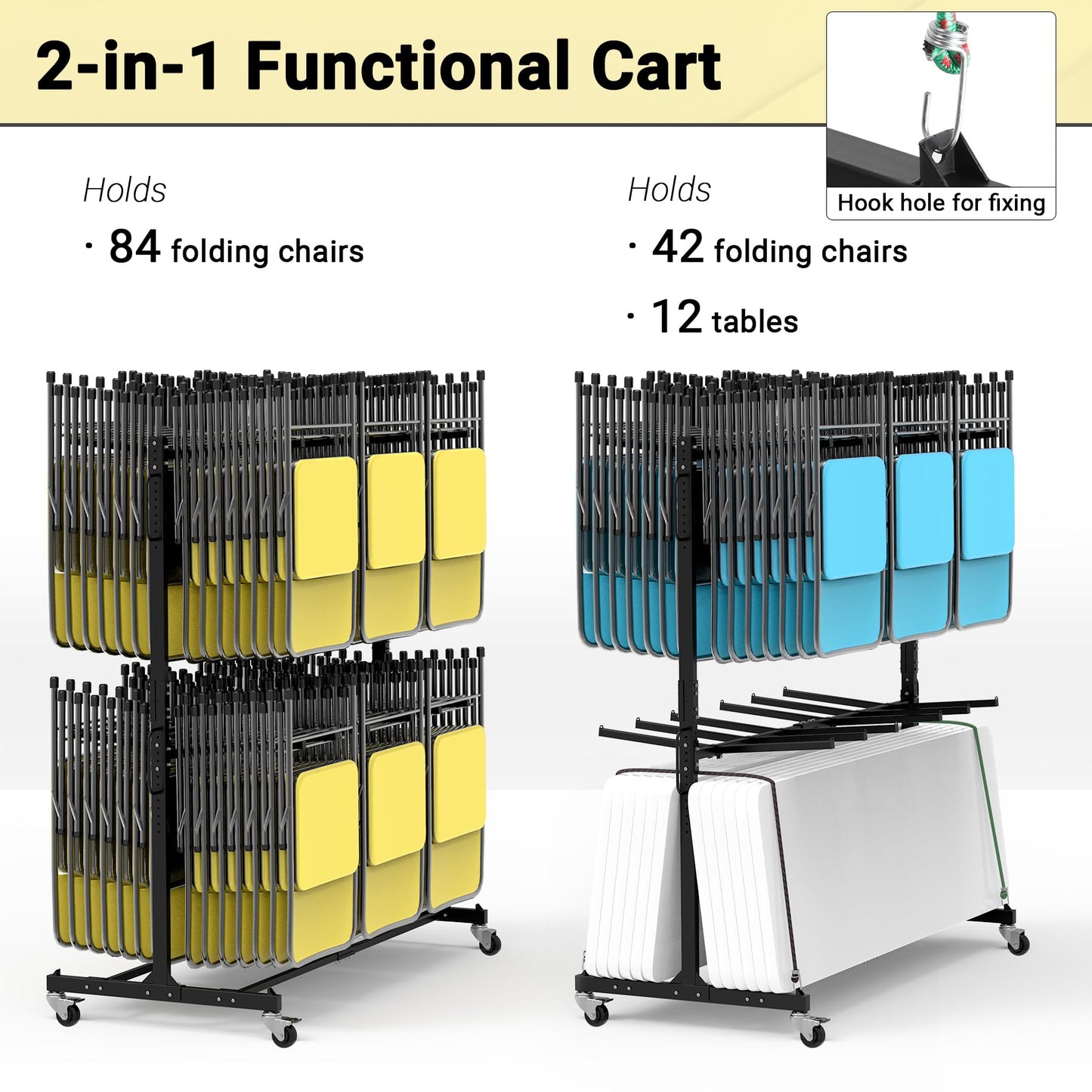 Eastrexon Updated Folding Chair Rack, Heavy-Duty Folding Chair Cart w/ 4 Swivel Wheels, Holds 12 Tables or 84 Chairs, Up to 1000 LBS Capacity, 2 Binding Ropes, 1 Dust Cover, 72“L x 33”W x 74”H, Black
