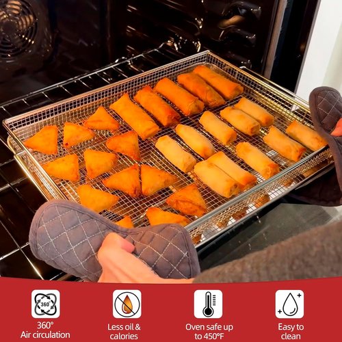 Geesta Air Fryer Basket - Extra Large 16.5” x 12.5” Stainless Steel Crisper Tray with 50 Recipes | Oven Accessories for Crispy Foods