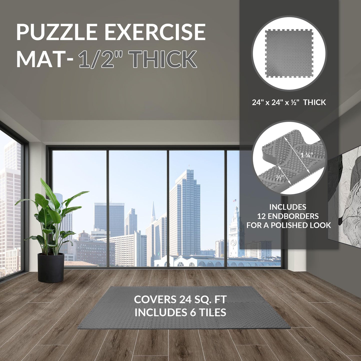 Fitvids Puzzle Exercise Gym Flooring Mat, 1/2" Thick High-Density EVA Interlocking Tiles Workout Mat for Home Gym, Fitness Equipment, MMA, Gymnastics, 6-Piece Shock-Absorbing Exercise Mat (24 Sq Ft)