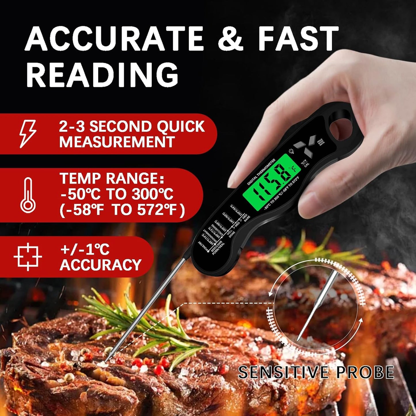 Skiennix Digital Meat Thermometer - IP67 Waterproof Cooking Thermometer with Backlight & Calibration