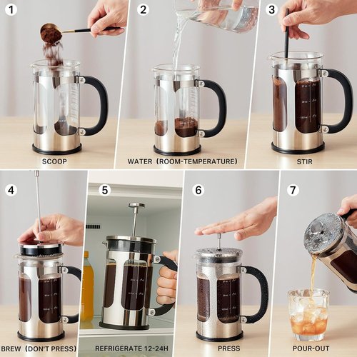 BAYKA French Press Coffee Maker - 34oz Cold Brew & Iced Coffee Pot | Durable Borosilicate Glass, Silver