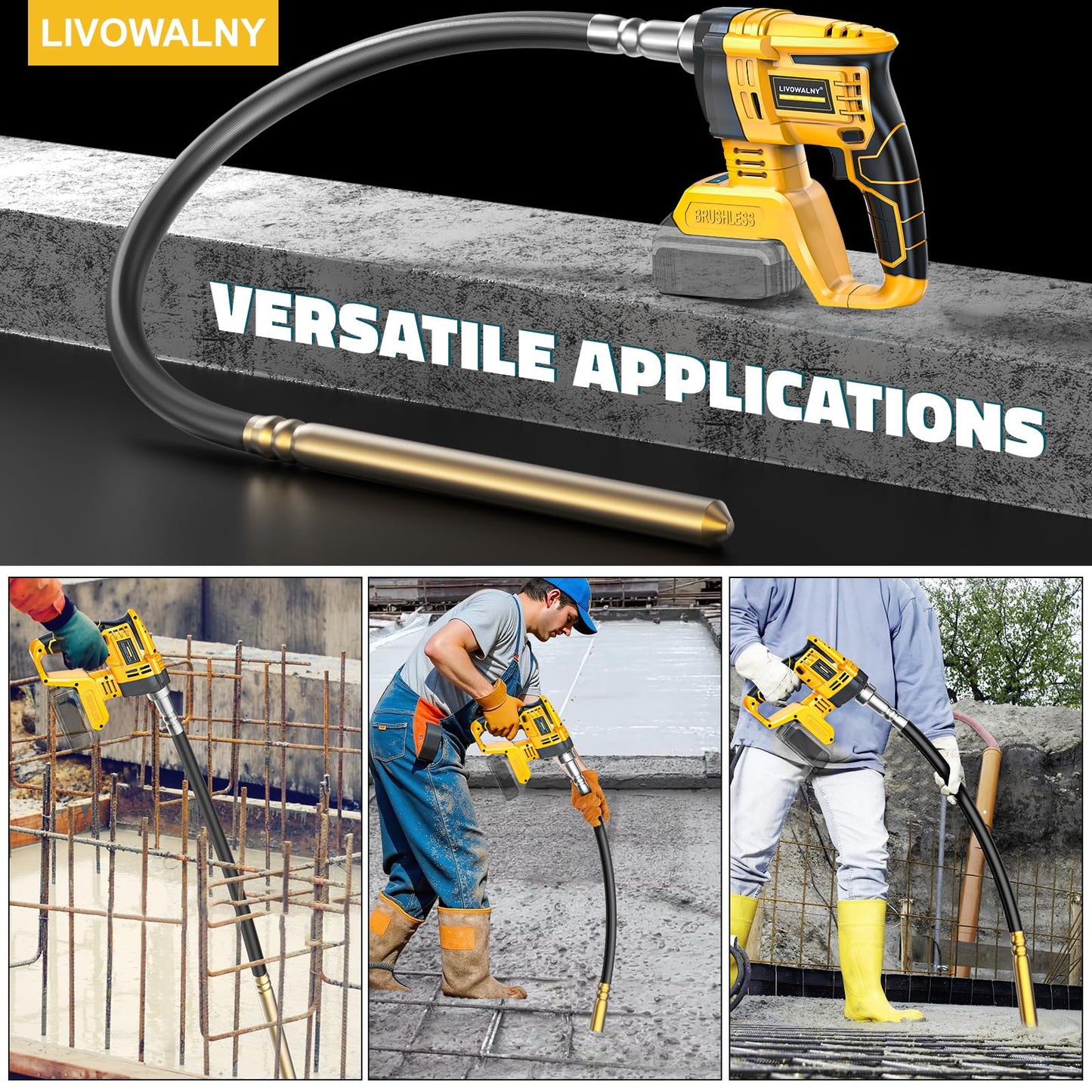 LIVOWALNY Handheld Concrete Vibrating Tool Compatible with Dewalt 20V Battery, 600W 6000RPM Cordless Electric Concrete Vibrator with 3.8ft Shaft Rod for Remove Air Bubble, Tool Only No Battery