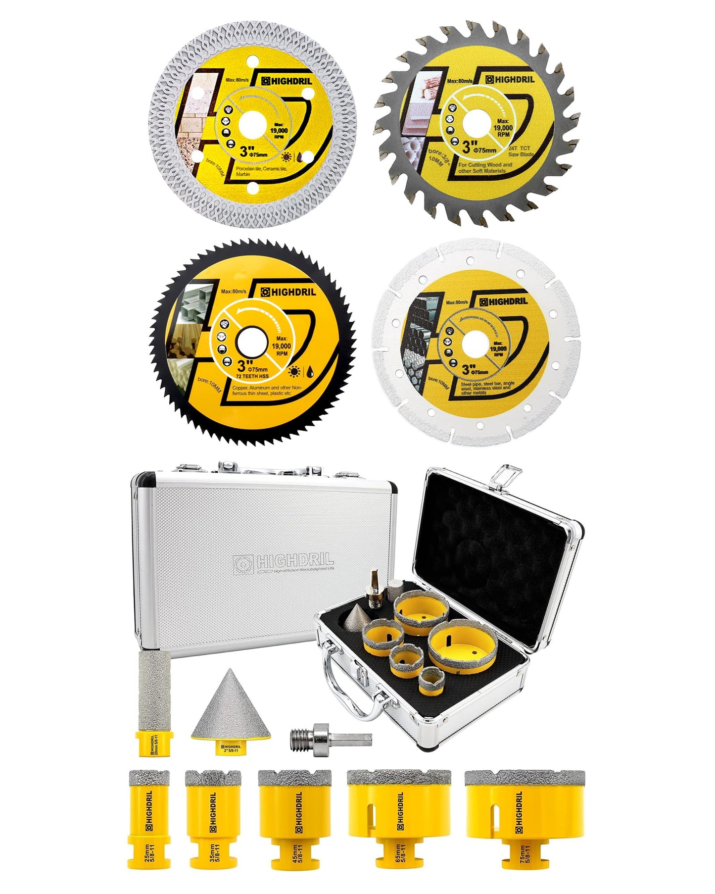HIGHDRIL 3" 75mm Circular Saw Blade Set 4pcs and HIGHDRIL Diamond Drill Bits Kit with 5/8-11