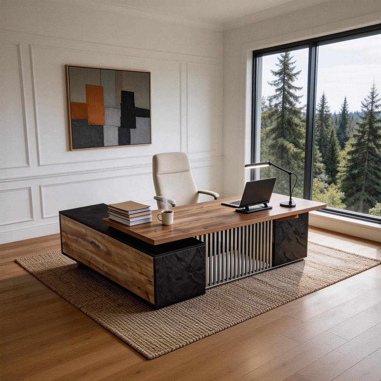 GT BLACK TURNSTONE Professional Wood Executive Desk, Large Office Table with 2 Drawers and 2 Cabinets, Heavy Duty Home Office Desk for Business & Workstation, One-Piece Tabletop (Right Return, 71in)