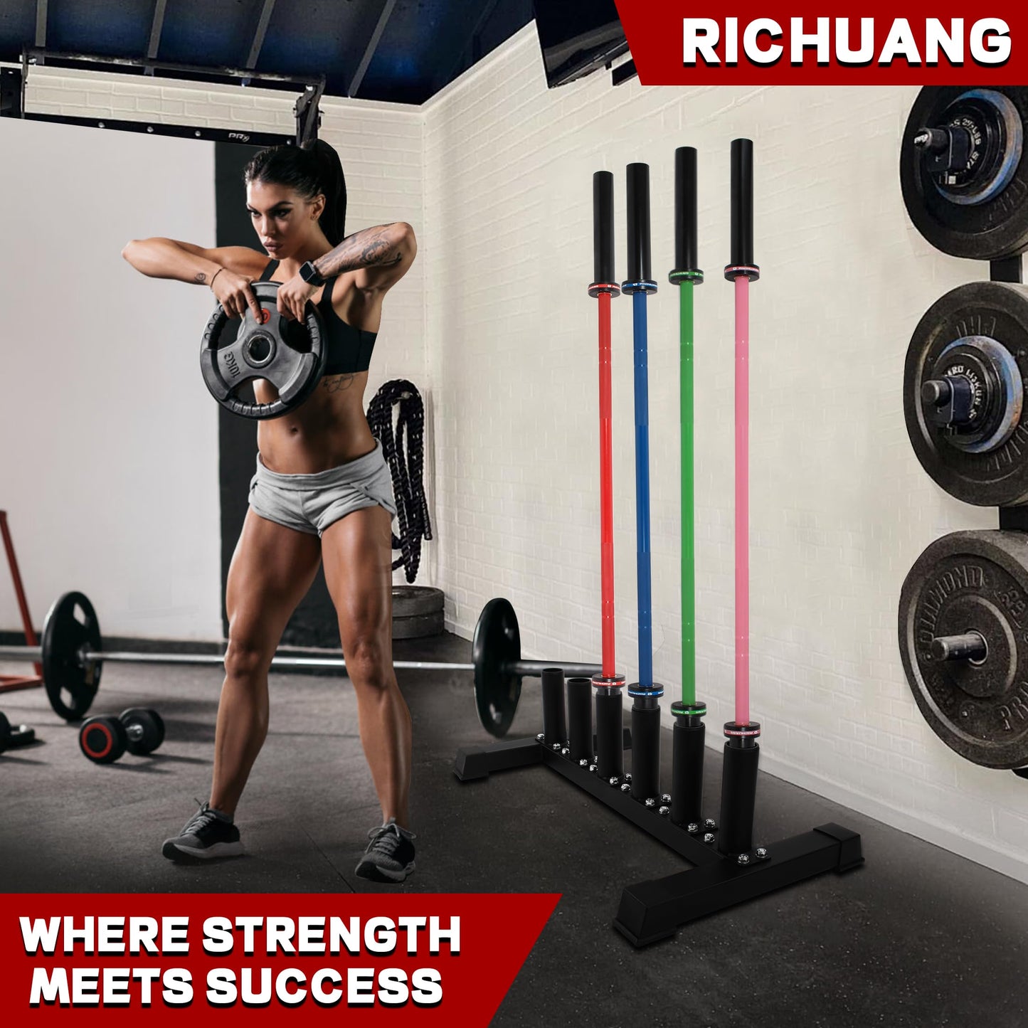 RICHUANG Freestanding Barbell Holder, Vertical 6 Bar Storage Rack for 2" Olympic Bars, Durable Barbell Stand, Space-Saving Floor Stand for Weight Bar and Specialty Bars