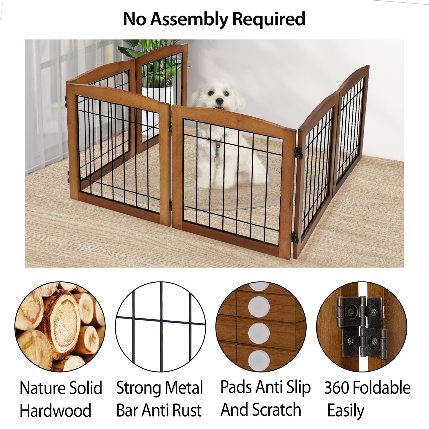 LZRS 6-Panel Extra Wide Wooden Freestanding Dog Gate: Foldable Solid Wood and Steel Wire Chew Resistant Safety Barrier for Doorways, Stairs, and Open Long Spaces Indoor Use, Cherry