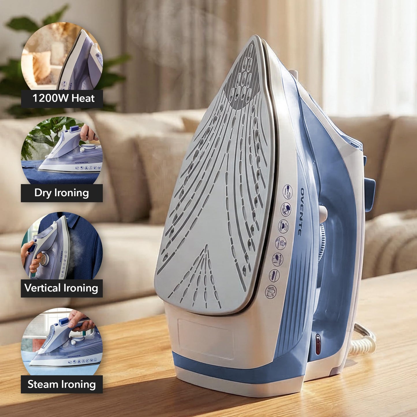 OVENTE Steam Iron for Clothes, 1200W Flat Iron with Non-Stick Ceramic Soleplate, Precise Thermostat Dial, Auto Shutoff, Self-Cleaning, Anti-Drip & 11.83oz Water Tank for Ironing Fabrics, Blue IRNL77BL
