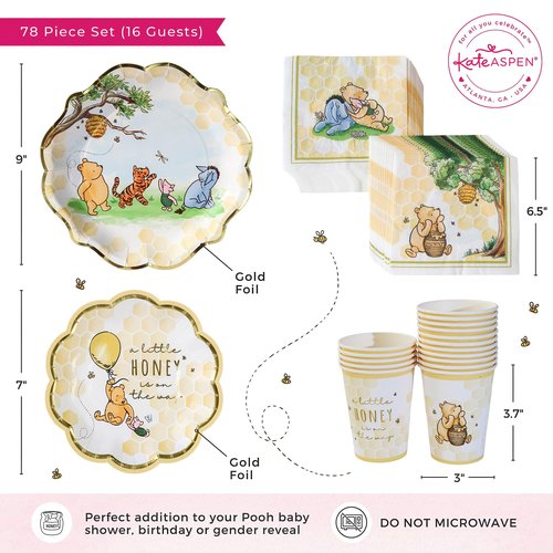 Kate Aspen Honey Bear 78-Piece Winnie Baby Shower Plates and Cups and Napkins Sets for 16 Guests, Classic Winnie Baby Shower Decorations Boy or Girl, Party Paper Plates & Party Supplies
