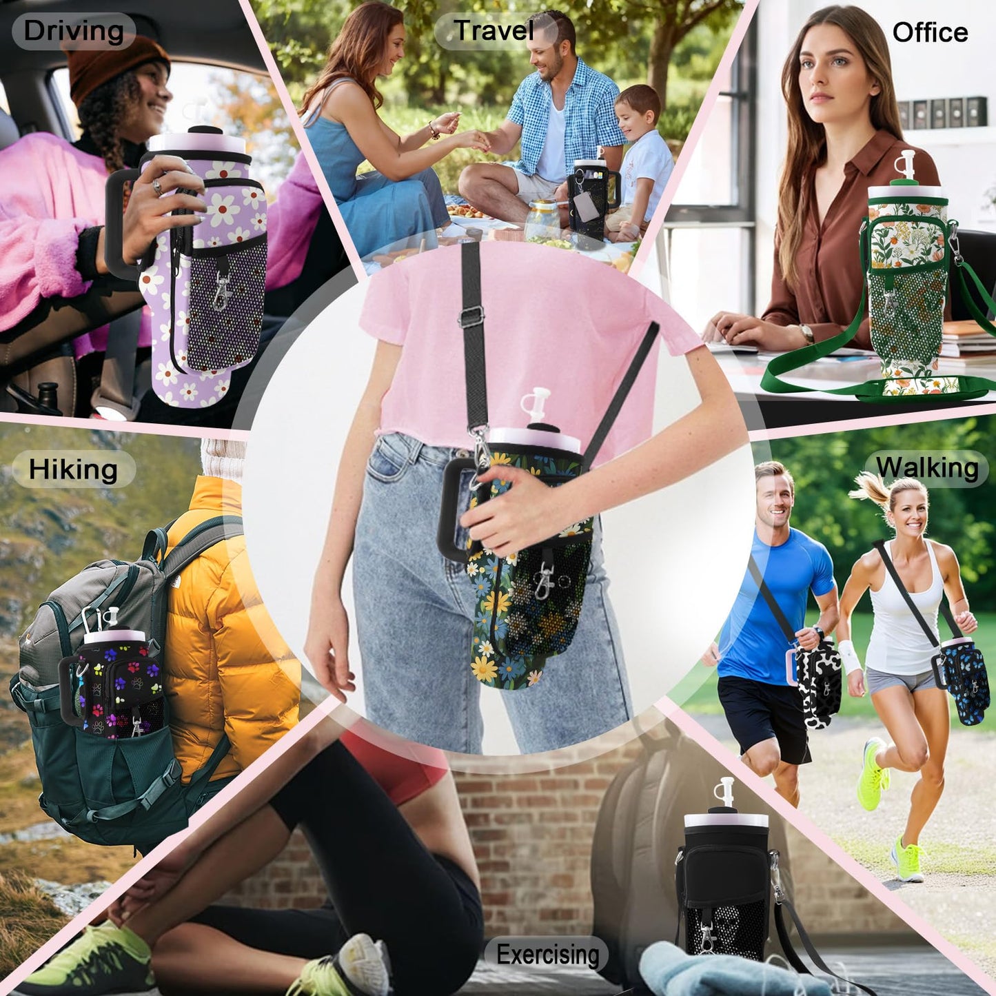 LAOTANGJIA Leopard Print Black Stanley Water Bottle Carrier Bag 40oz/30oz Tumbler with Phone with 2 Adjustable Strap 3 Pockets Bottle Stanley Cup Carrier Bag & Case Accessories for Hiking Travelling
