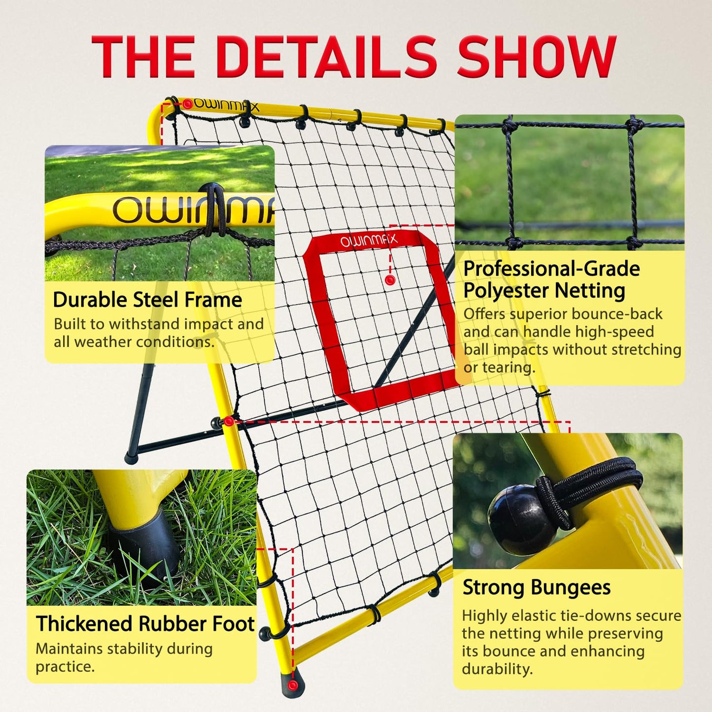 3x3.5 ft Baseball Pitchback Net, Rebounder Net, Solo Training Net, Pitching Return Trainer, Four Quick-Switch Return Angles, Yellow, Great for Kids and Youth