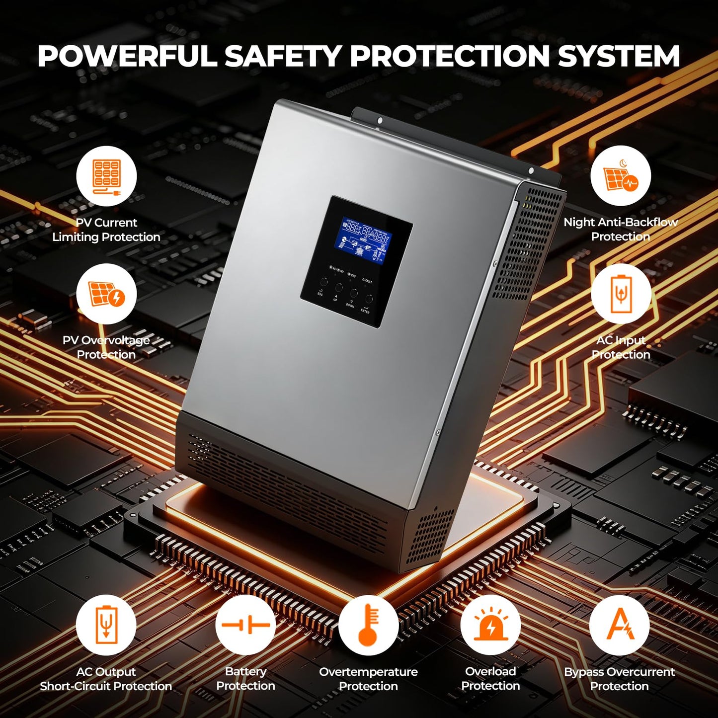AuraSolar Hybrid Solar Inverter, 2400W 24V DC to 120V AC Pure Sine Wave Power Inverter, Built-in 50A Solar Charge Controller with LCD Display, for Off-Grid Home Backup RV, AGM/Gel/FLD/Lead-Acid