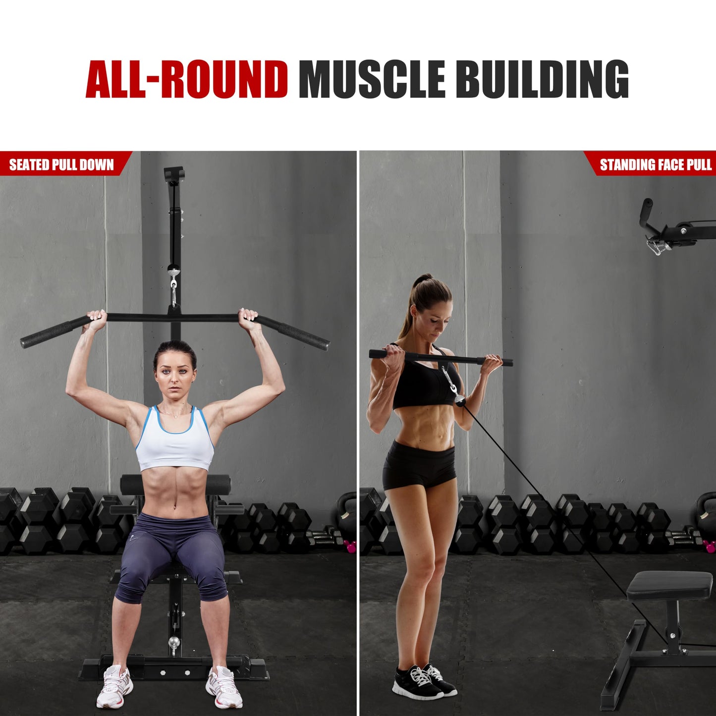 Fitvids LAT All-in-one Machine with High and Low Pulley Station, LAT PullDown and LAT Row Cable Machine, LAT Tower with Adjustable Leg Support for Home Gym Total Body Training