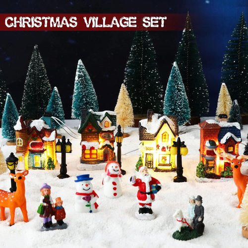 Gerrii Christmas Village Figurines Set - 31 Pcs Lighted LED Houses & Snow Blanket for Festive Decor