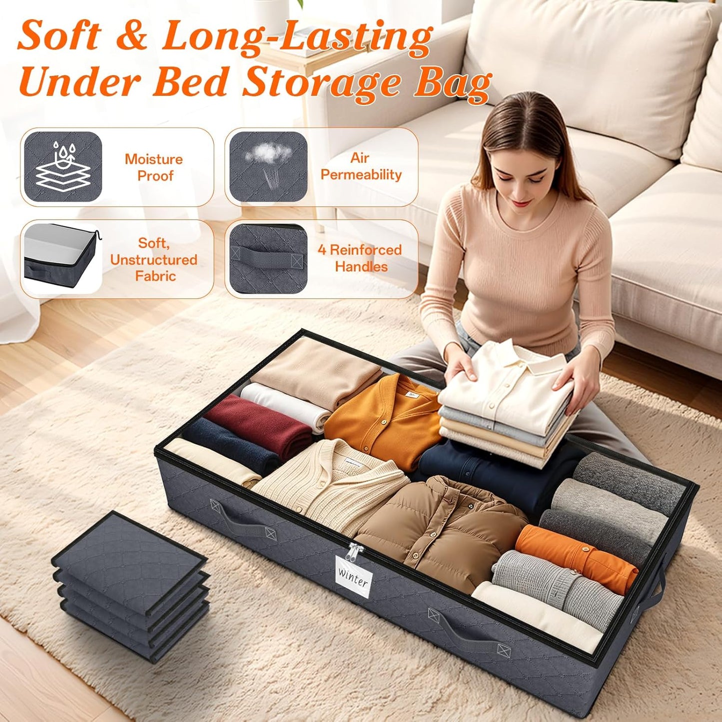 SpaceWhisper 90L Under Bed Storage Containers - 4-Pack Foldable Bins with Clear Tops for Clothing & Blankets | Grey