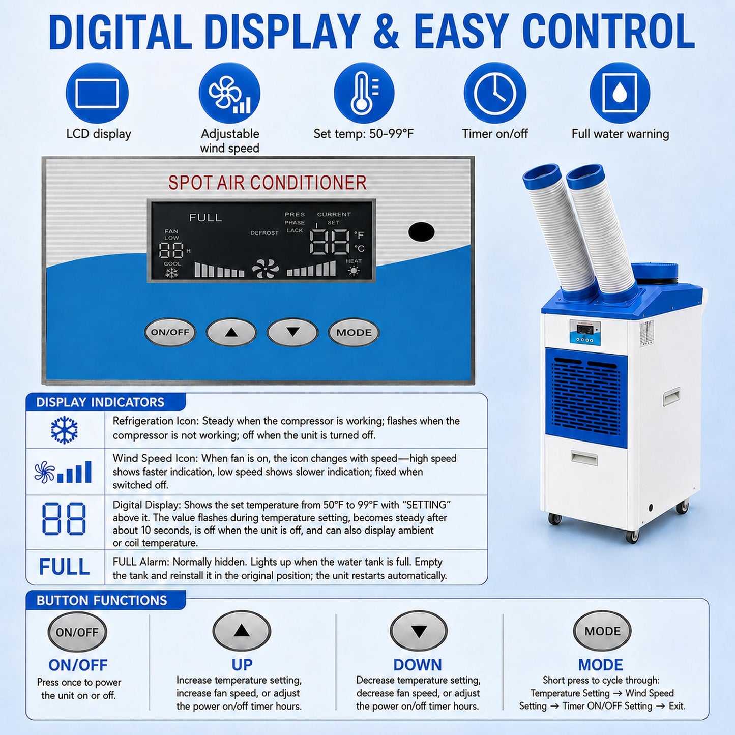 AMARITE Industrial Portable Air Conditioner – 12000 BTU Dual Hose Spot Cooler with Digital Controls & Timer, for Indoor/Outdoor Use, R32 Refrigerant