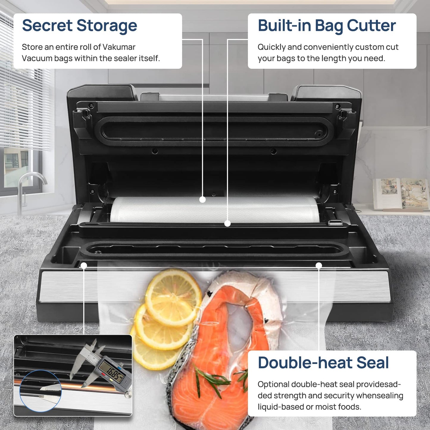Vakumar Vacuum Sealer Machine, 90Kpa Liquid Food Vacuum Sealer Machine Preservation Dry/Moist/Liquid Modes, LED Indicator Light, Handle Locked Design, Built-in Cutter and Bag Storage, Starter Kit