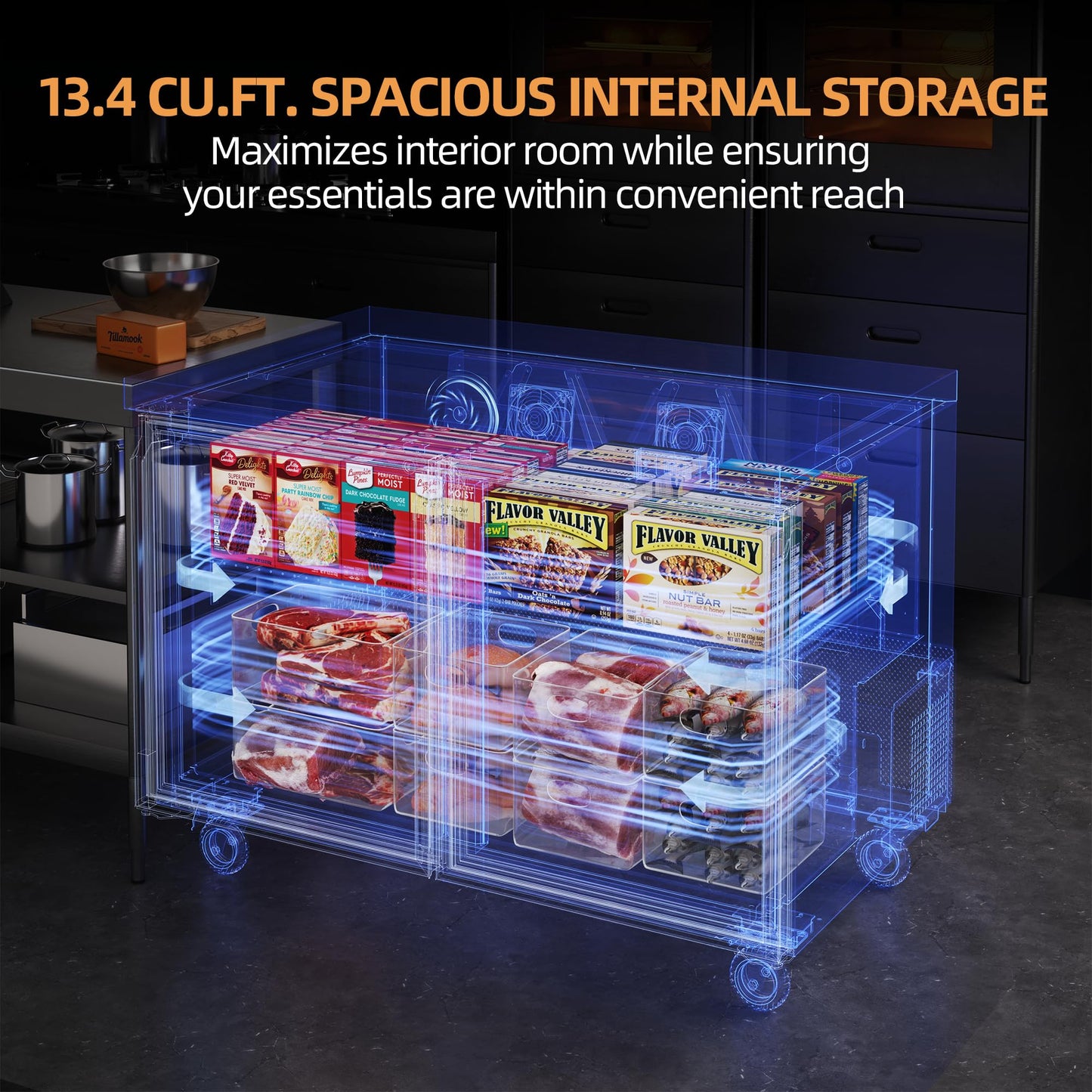 Coolski Commercial Freezer, 48”W Double Door Under Counter Freezer with 13.4 Cu.ft., -13℉to -5℉ Stainless Steel Fan Cooling Worktop Freezer for Restaurant, Bar, Kitchen, Food Truck