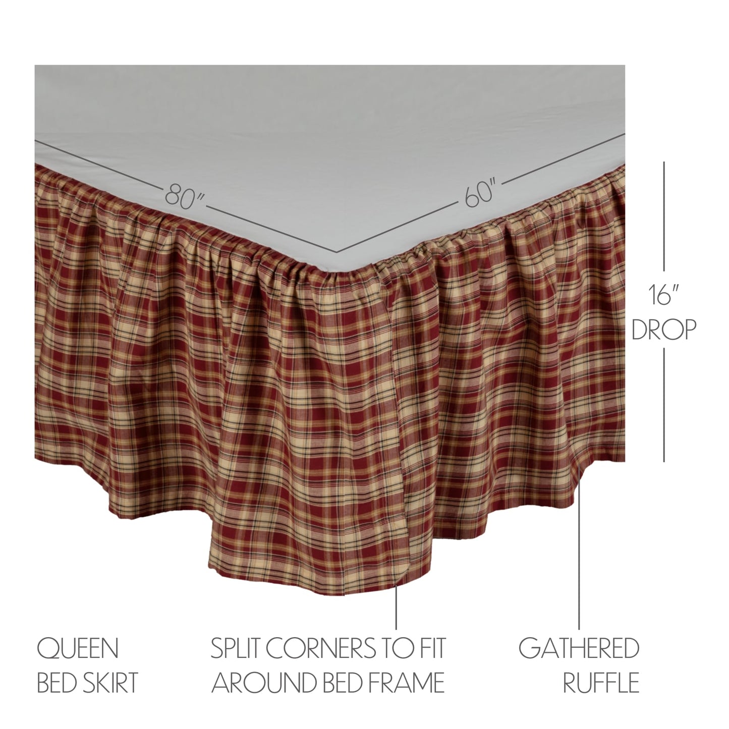 VHC Brands Beckham Plaid Cotton Rustic Split Corners Gathered Queen Bed Skirt, 60x80x16, Rust Red