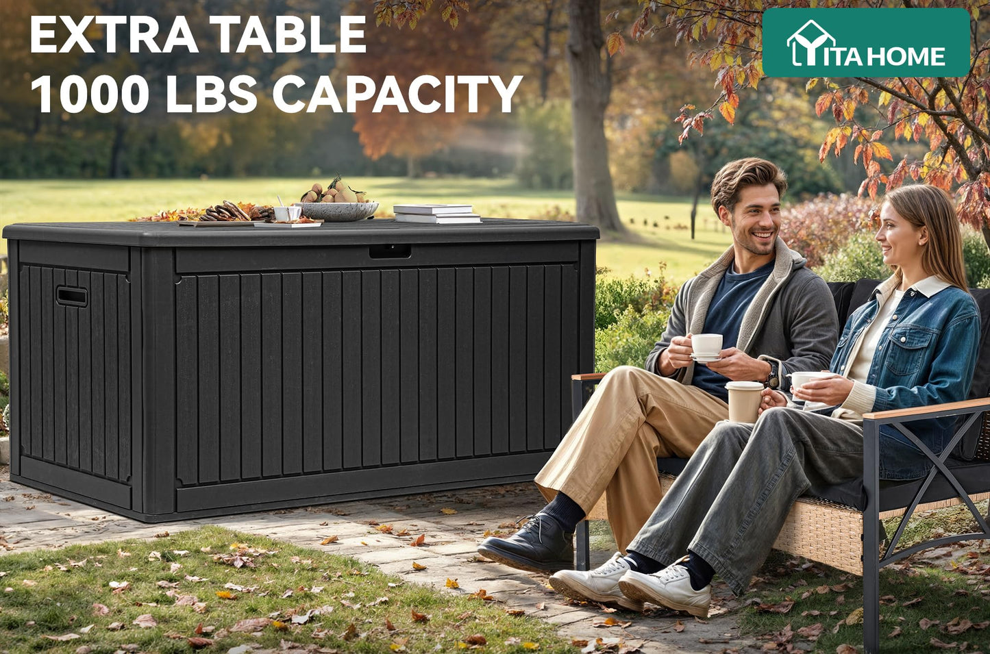 YITAHOME 320 Gallon Large Deck Box with Divider & Side Handles, Outdoor Double-Wall Storage for Patio Furniture Cushions, Garden Pool Accessories, Water Resistant & Lockable