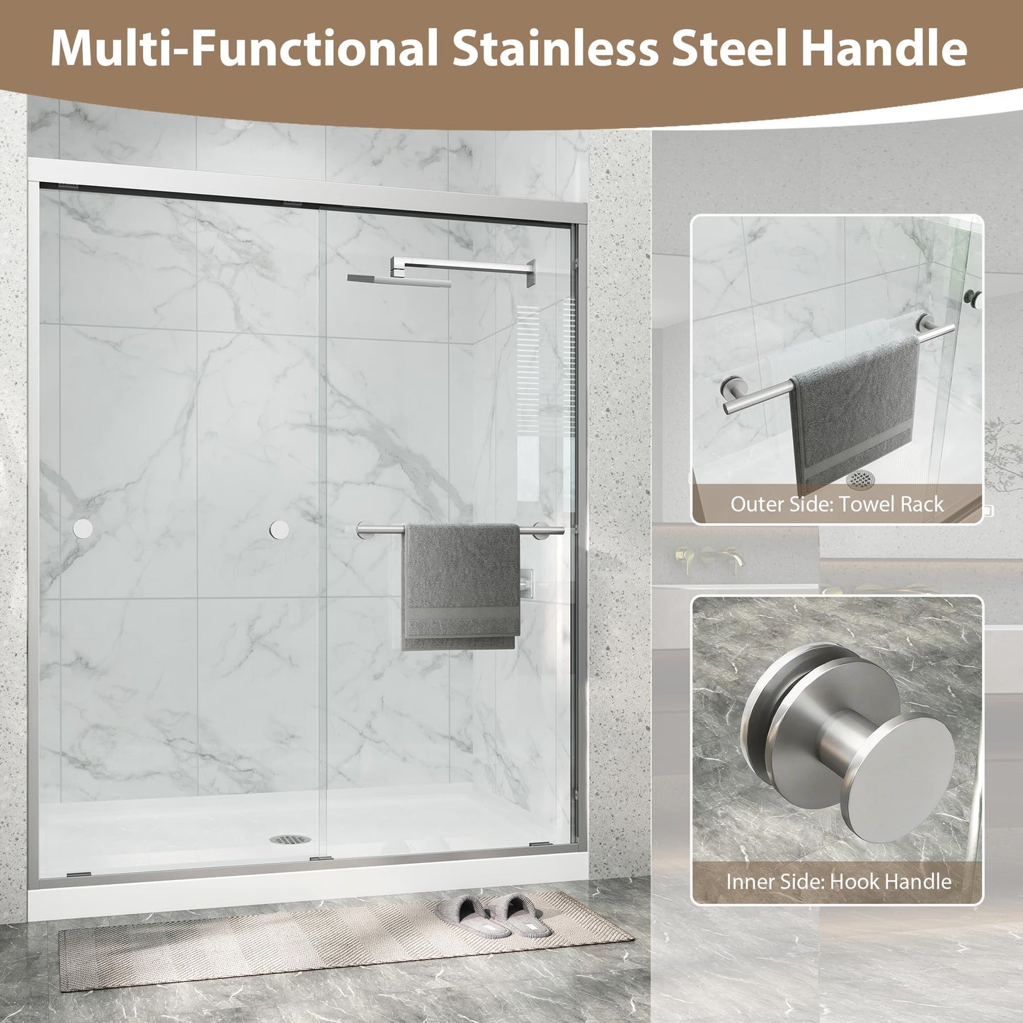 Double Sliding Shower Door 61-66" W x 72" H,Semi-Frameless Glass Shower Door with Nano Explosion-Proof Safety Film, 1/4"(6mm) Tempered Glass,Easy-Clean Bypass Walk-in Shower Door,Brushed Nickel