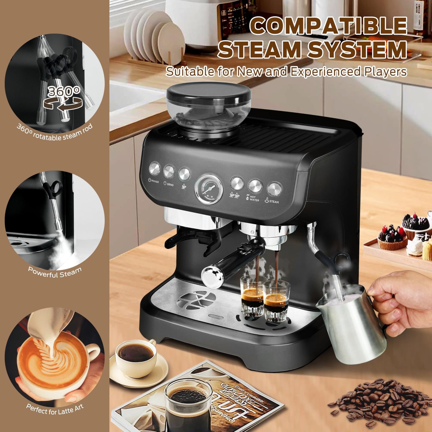 MIROX Espresso Machine 15 Bar, Coffee Maker With Milk Frother Steam Wand, Built-In Bean Grinder, Combo Cappuccino Machine with 70oz Removable Water Tank (ABS high-strength plastic shell)