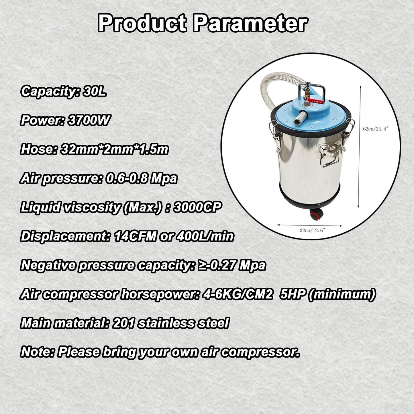 INTBUYING Pneumatic Vacuum Cleaner, Stainless Steel Industrial Iron Chip Oil Absorber with 30L Large Capacity