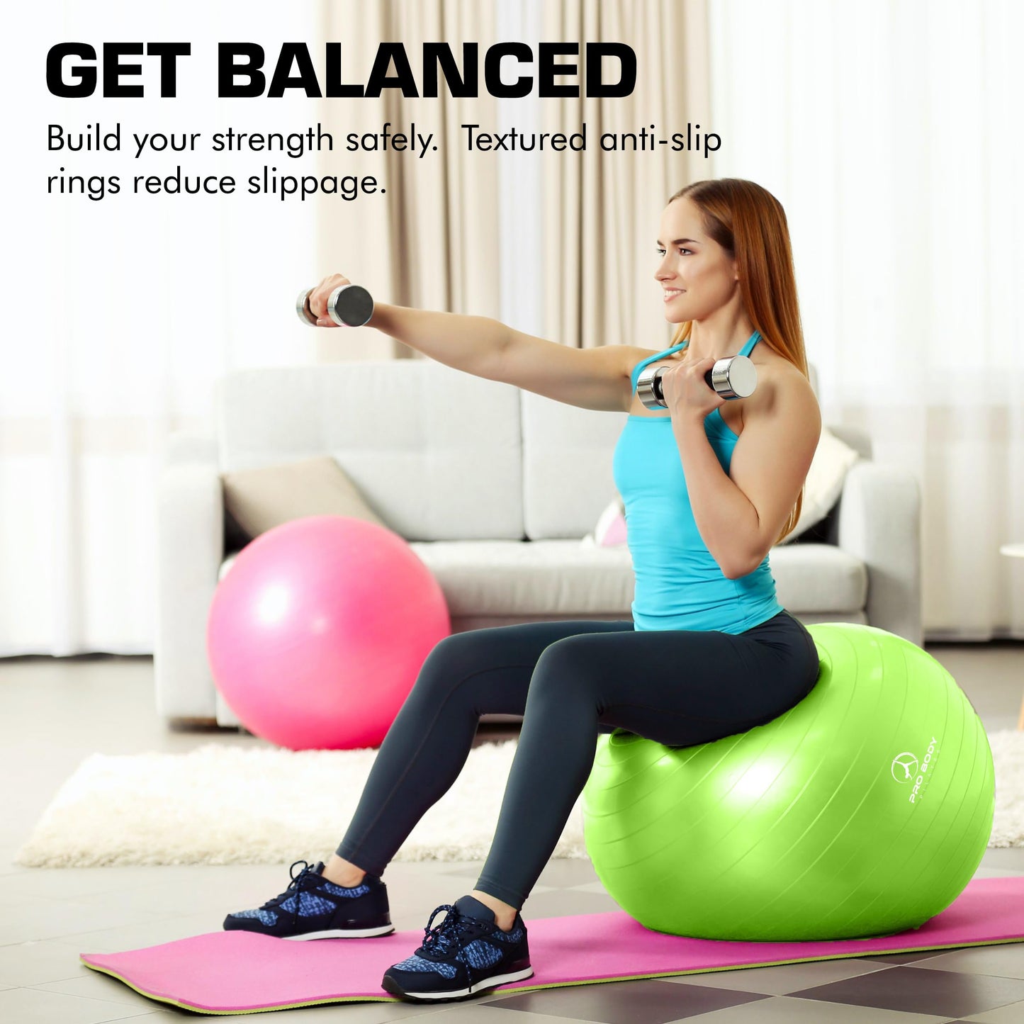 ProBody Pilates Yoga Ball - Fresh Colors Exercise Ball for Stability, Pregnancy, Workout, Physical Therapy & Birthing, Balance Ball Chair (Lime, 65 cm)