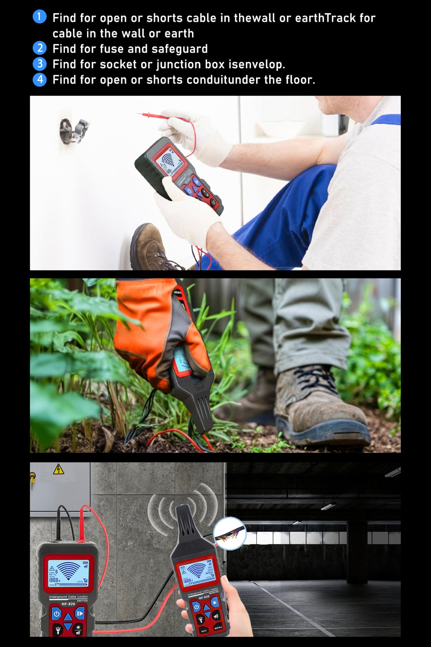 NF-826 Underground Wire Locator Circuit Tracker 12-400V AC/DC, locates Circuit Breakers, fuses, Wires, Short Circuits, Open Circuits, Ceiling/wall/Dog Fence Cables, Irrigation Control Lines