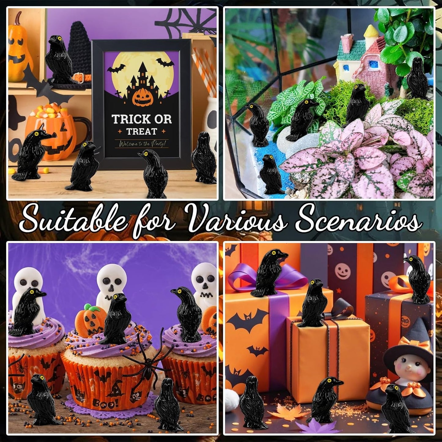 Skiennix Miniature Crows Figures - 36pcs Tiny Black Raven Figurines for Halloween Decor & Cupcake Toppers